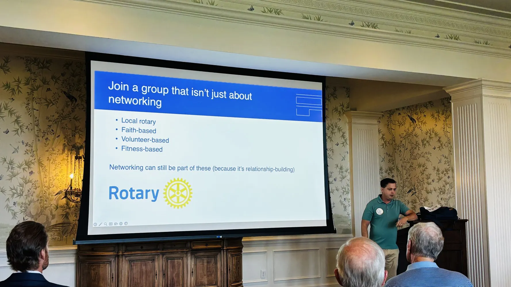 Paul Watson's slide listing local Rotary, faith-based, volunteer-based and fitness-based groups, with the Rotary wheel logo.