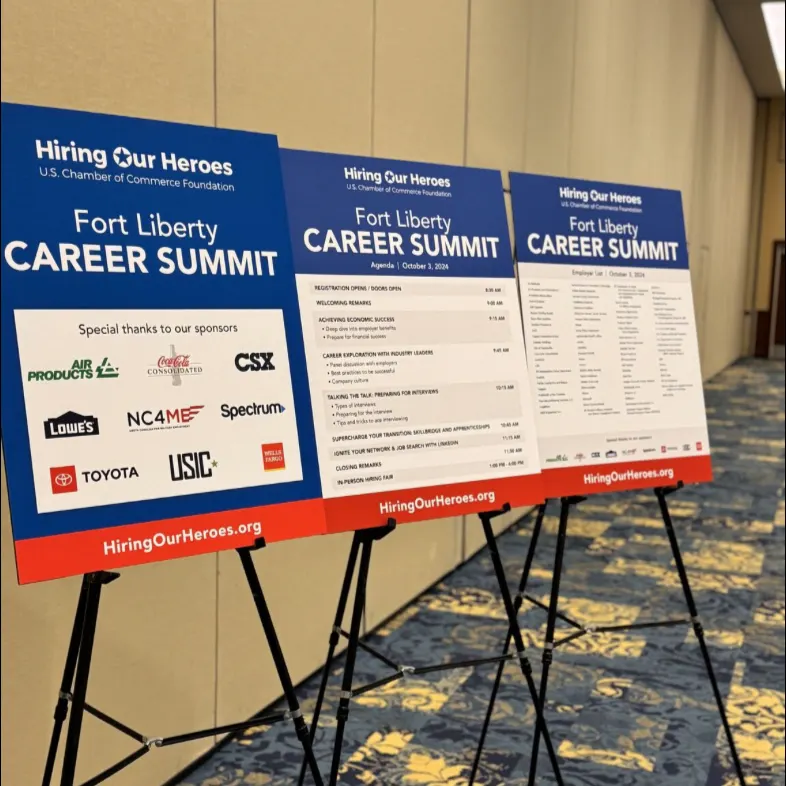 NC4ME signage at the Fort Liberty Career Summit featuring employers, sponsors, and event agenda for connecting veterans with job opportunities